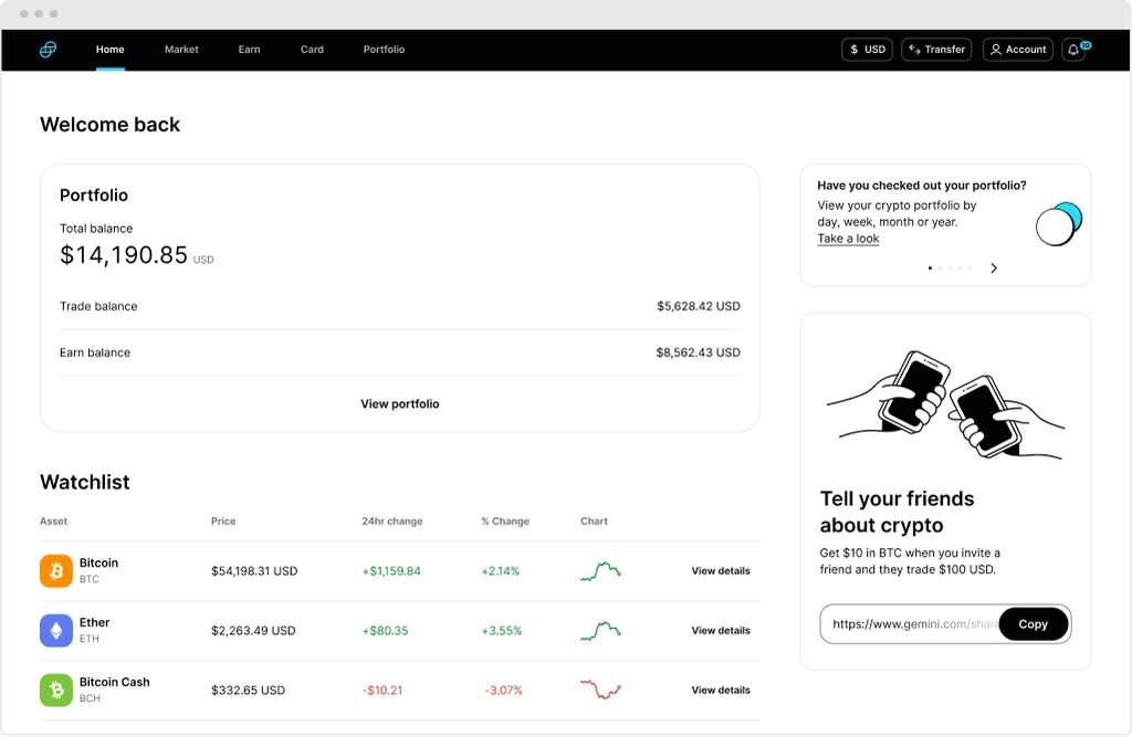 Gemini exchange dashboard